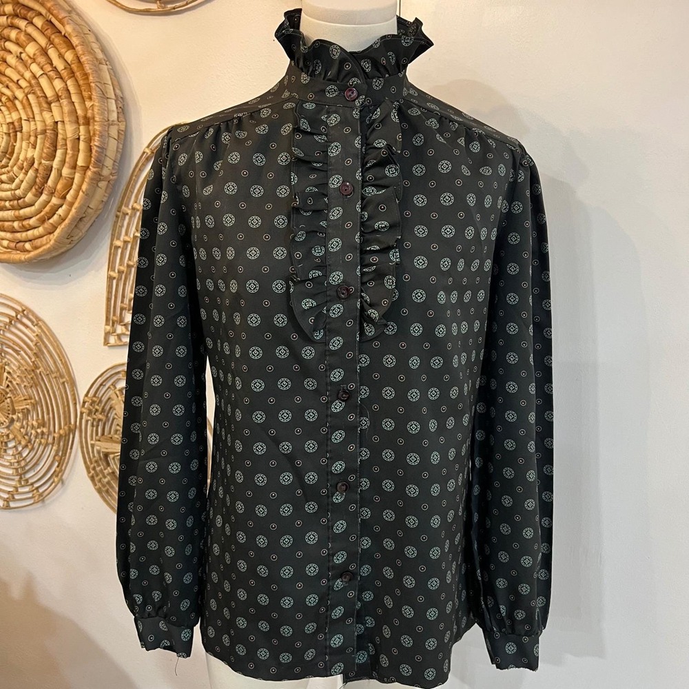 Vintage Black Ruffle High Neck Blouse Polka Dot Dark Academia M